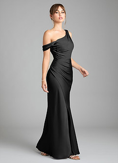 Azazie Madelyn Bridesmaid Dresses Black Mermaid One Shoulder Stretch Satin Convertible Dress image5