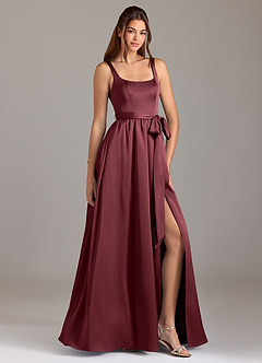 Azazie Elliott Bridesmaid Dresses Merlot A-Line with Pockets Stretch Satin Dress image1