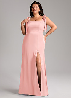 Azazie Frostine Bridesmaid Dresses Powder Pink A-Line Bow Stretch Satin Dress image1