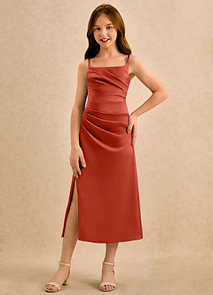 Azazie Canna Girls Formal Sukienki dla dziewczynek sypiących kwiaty Linia A Pofałdowany Satyna elastyczna Długość herbaty Sukienka image4