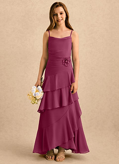 Azazie Indiah Girls Formal Robe Demoiselle D'honneur Fillette Robe Trapèze en Mousseline de soie Drapé Mûre image1
