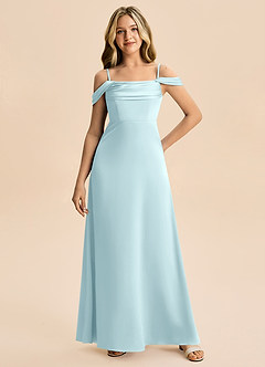 Azazie Lettie Junior Cloud Blue A-Line Off the Shoulder Stretch Satin Dress image4