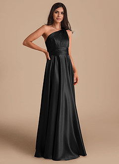 Azazie Charlize Bridesmaid Dresses Black A-Line One Shoulder Metallic Satin Dress image3