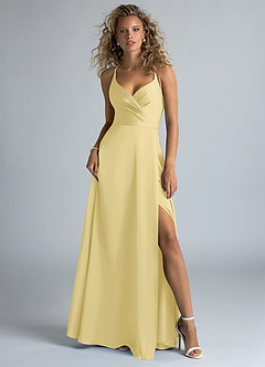 Azazie Davis Bridesmaid Dresses Lemon Sorbet A-Line Pleated Stretch Satin Dress image2