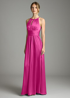 Azazie Bonnie Bridesmaid Dresses Fuchsia A-Line Pleated Stretch Satin Dress image1