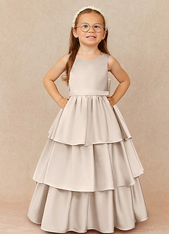 Azazie Margie Flower Girl Dresses White Alabaster A-Line Bow Stretch Satin Dress image2