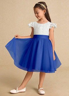 Azazie Vetty Flower Girl Dresses Ivory Royal Blue A-Line Lace Tulle Dress image4