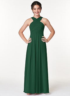 Azazie Kaleigh Junior Dark Green A-Line Pleated Chiffon Dress image1