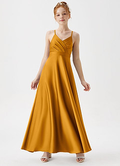 Azazie Avelina Junior Butterscotch A-Line Pleated Stretch Satin Dress image1