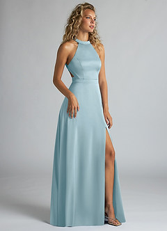 Azazie Clarice Bridesmaid Dresses Moody Blue A-Line High Neck Stretch Satin Dress image2