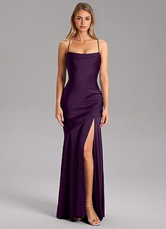 Azazie Grata Bridesmaid Dresses Grape Sheath Side Slit Stretch Satin Dress image3