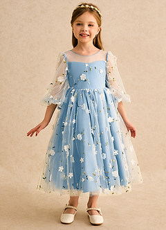 Azazie Elowen vestidos de niña de las flores Vestido de Azul Acero de Encaje de Corte en A con Escote de Corazón image3