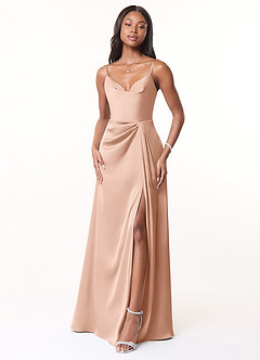 Azazie Brielle Bridesmaid Dresses Rose Gold A-Line Cowl Spaghetti Straps Stretch Satin Dress image1