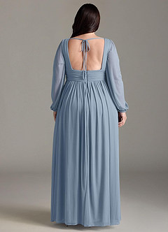 Azazie Norah Robes de demoiselle d'honneur Robe Trapèze en Mousseline de soie Col en V, manches longues Bleu Poussiéreux image7