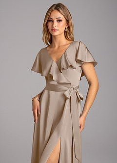 Azazie Lainey Bridesmaid Dresses Taupe A-Line with Pockets Stretch Satin Dress image6