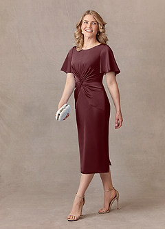 Azazie Everlyn Mother of the Bride Dresses Sangria Sheath Pleated Stretch Satin Dress image2
