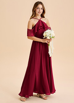 Azazie Tessabelle Junior Burgundy A-Line Off the Shoulder Chiffon Dress image1