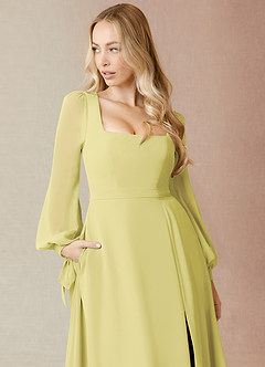 Azazie Leonia Bridesmaid Dresses Lemon Sorbet A-Line Long Sleeve Chiffon Dress image10