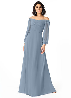 Azazie Rubina Bridesmaid Dresses Dusty Blue A-Line Long Sleeve Chiffon Dress image1