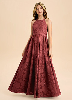 Azazie Arianthe Junior Abito A-Line in Floral Burnout Plissettato Terracotta image4