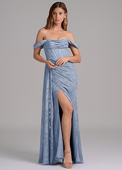 Azazie Amyra 신부 들러리 드레스 인어 오프 더 숄더 플로럴 번아웃 바닥 길이 드레스 image1