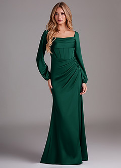 Azazie Charissa Bridesmaid Dresses Emerald Sheath Long Sleeve Stretch Satin Dress image3
