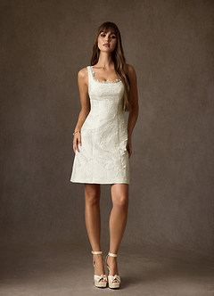 Azazie Janet Wedding Dresses Antique White A-Line Square Neckline Floral Jacquard Dress image4
