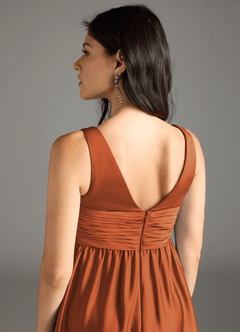Azazie Yetta At-home Try On Dresses A-Line Pleated Stretch Satin Floor-Length Dress image5