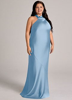 Azazie Velli Suknie dla druhen Syrena Wysoka Kołnierz Satyna elastyczna Do ziemi Sukienka image10