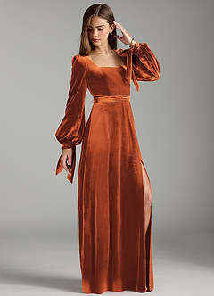 Azazie Leonia Bridesmaid Dresses Burnt Orange A-Line Long Sleeve Velvet Dress image4