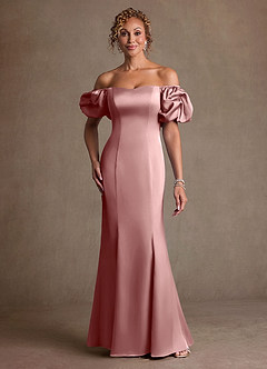 Azazie Redding Mother of the Bride Dresses Dusty Rose Sheath Ruched Stretch Satin Dress image1