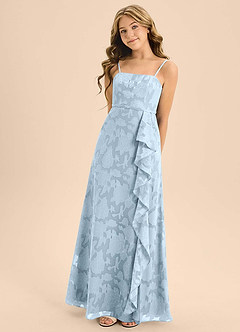 Azazie Kaylee Junior Sky Blue A-Line with Belt Floral Burnout Dress image5