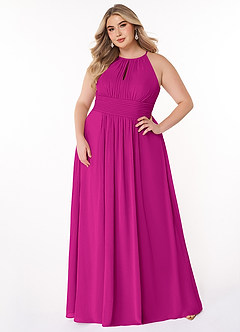 Azazie Bonnie Vestidos de damas de honor Vestido de Fucsia de Gasa de Corte En A con Cuello de pico fruncido image6