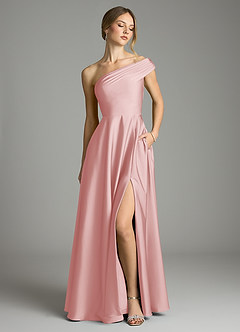 Azazie Melanie Robes de demoiselle d'honneur Robe Trapèze en Satin extensible Épaule décolletée Rose Poudré image1