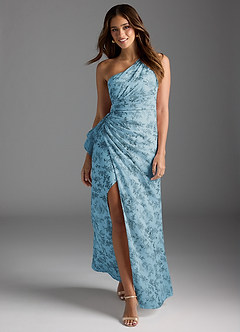 Azazie Maive Bridesmaid Dresses Blue Fern Floral Sheath Pleated Ruffle Chiffon Dress image1