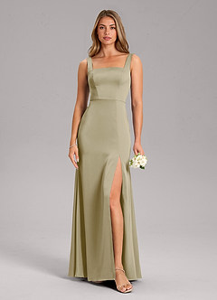 Azazie Frostine Robes de demoiselle d'honneur Robe Trapèze en Satin extensible Arc Vert Mousse image3