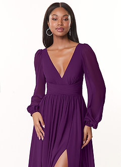 Azazie Norah Bridesmaid Dresses Grape A-Line V-Neck Long Sleeve Chiffon Dress image5