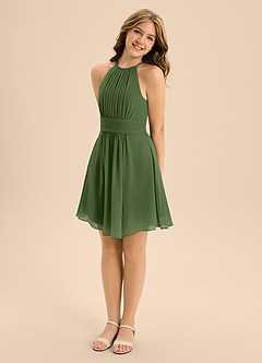 Azazie Bonnie Junior Olive A-Line Pleated Chiffon Dress image4