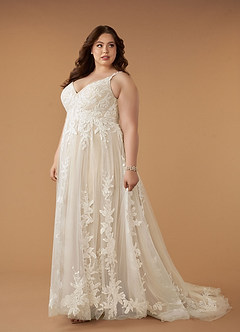 Azazie Delaina Wedding Dresses Diamond White Champagne A-Line V-Neck Sequins Tulle Dress image14