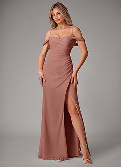 Azazie Haisley Bridesmaid Dresses Cedar Rose Sheath Off the Shoulder Chiffon Convertible Dress image5