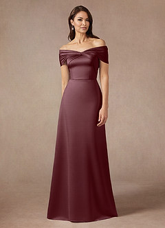 Azazie Amelia Mother of the Bride Dresses Sangria A-Line Off the Shoulder Stretch Satin Dress image1