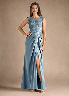 Azazie Santa Barbara Mother of the Bride Dresses Dusty Blue Sheath Pleated Stretch Satin Dress image1