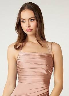 Azazie Desi Bridesmaid Dresses Rose Gold Sheath Halter Corset Stretch Satin Dress image6