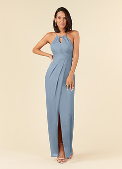 Azazie Hadid At-home Try On Dresses Dusty Blue Sheath Pleated Mesh Dress image1