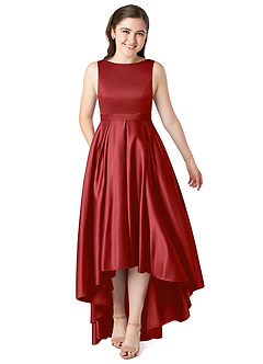 Azazie Inaya Junior Pomegranate A-Line with Belt Stretch Satin Dress image1