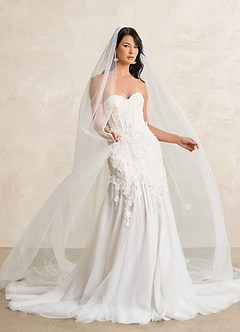 Azazie Priscilla Diamond White Mermaid Lace Tulle Dress Ready to