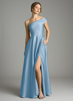 Azazie Melanie Bridesmaid Dresses Powder Blue A-Line Off the Shoulder Stretch Satin Dress image1