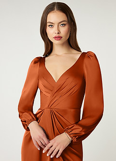 Azazie Mel Bridesmaid Dresses Burnt Orange Sheath Long Sleeve Stretch Satin Dress image5