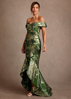 Azazie Winnetka Mother of the Bride Dresses Matcha Green Mermaid Off the Shoulder Jacquard Dress image3
