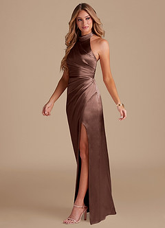 Azazie Jemma Bridesmaid Dresses Espresso Sheath Pleated Metallic Satin Dress image4